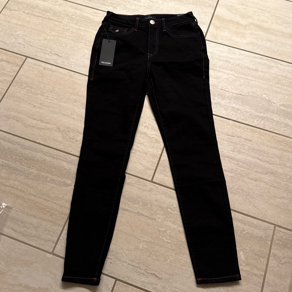 True Religion Halle Black Women's Skinny Jeans with Red Stitching